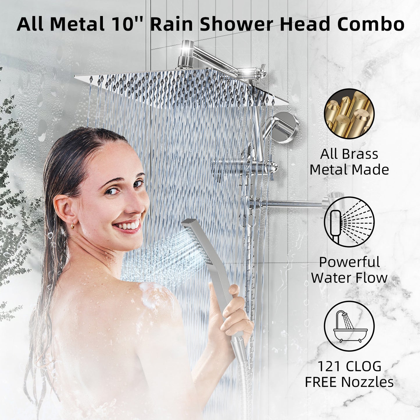 BESAQUO ALL METAL 10'' Powerful Rainfall Shower Head with Handheld Combo