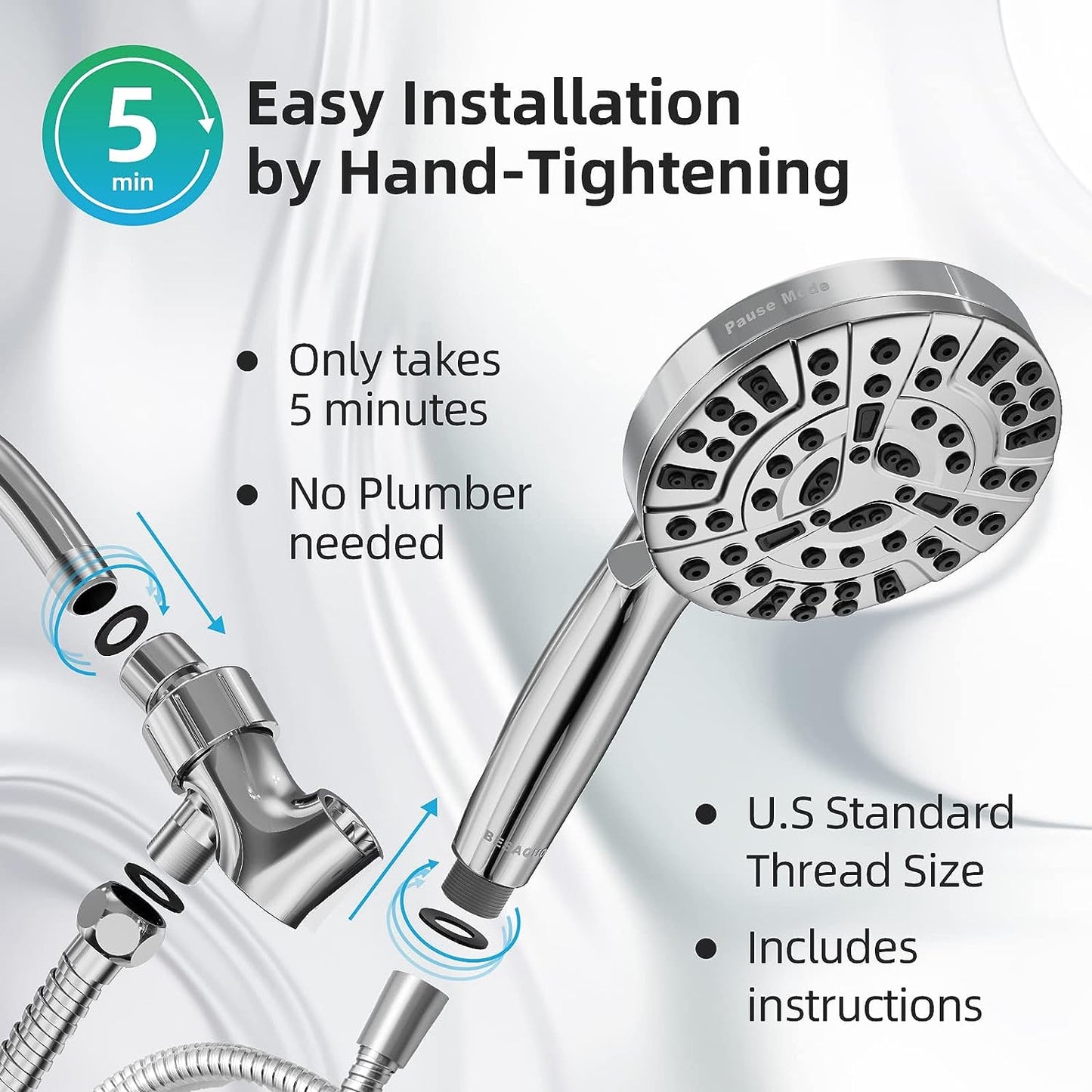 BESAQUO 10 Functions High Pressure shower head with handheld, Built-in Pause Mode & 2 Power Wash