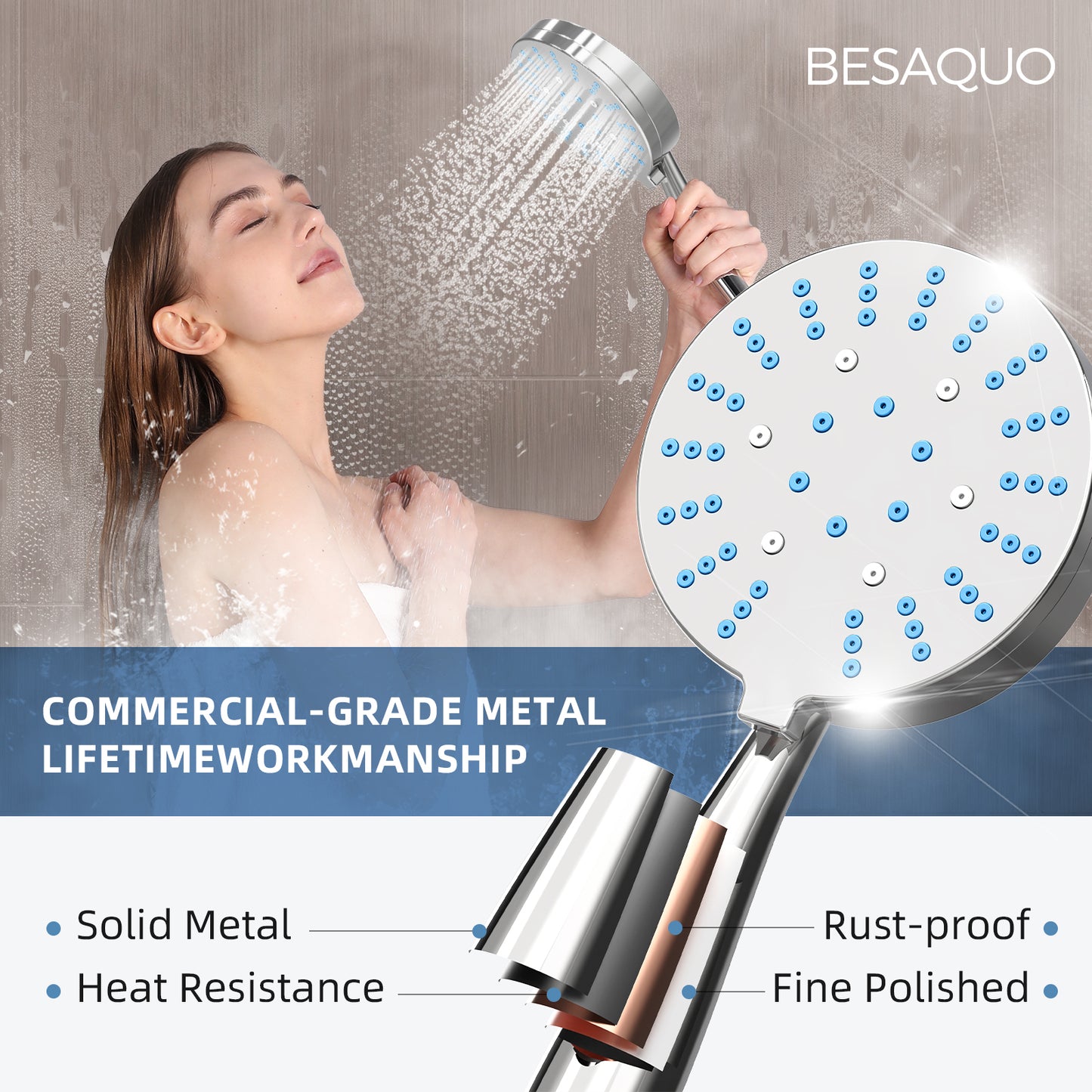 BESAQUO ALL METAL 3 Massage Settings Shower Head with Handheld